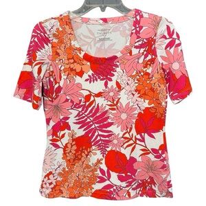 Talbots Petite P Floral Print Tee Pink Orange Red Short Sleeve